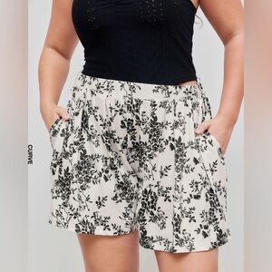Solid elastic wide shorts curve & plus beige & black floral print size 12/14